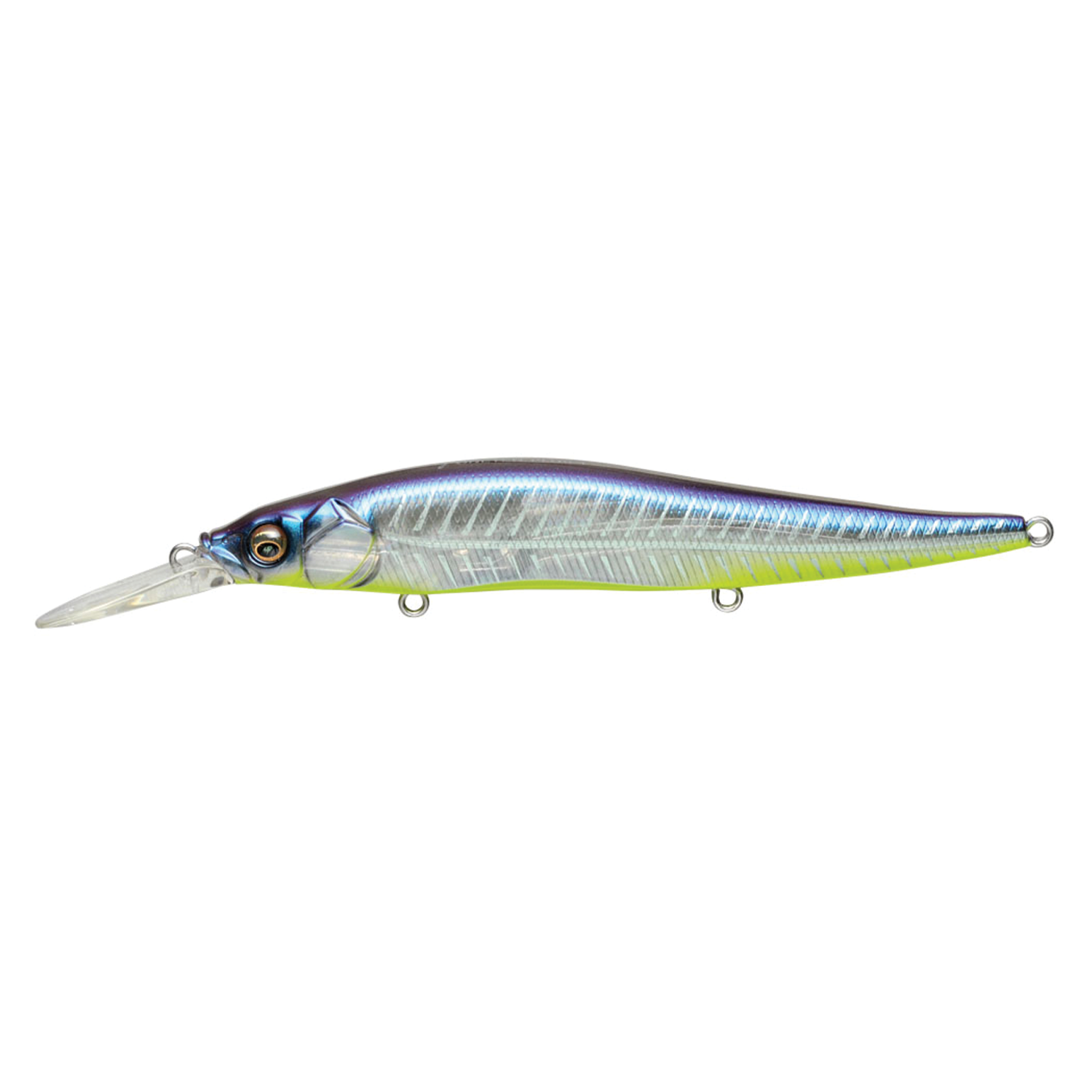 Megabass Vision 110+1 fishing lure with a sleek, fish-like body featuring metallic blue, silver, and yellow coloring and a clear plastic diving lip for deep water fishing.