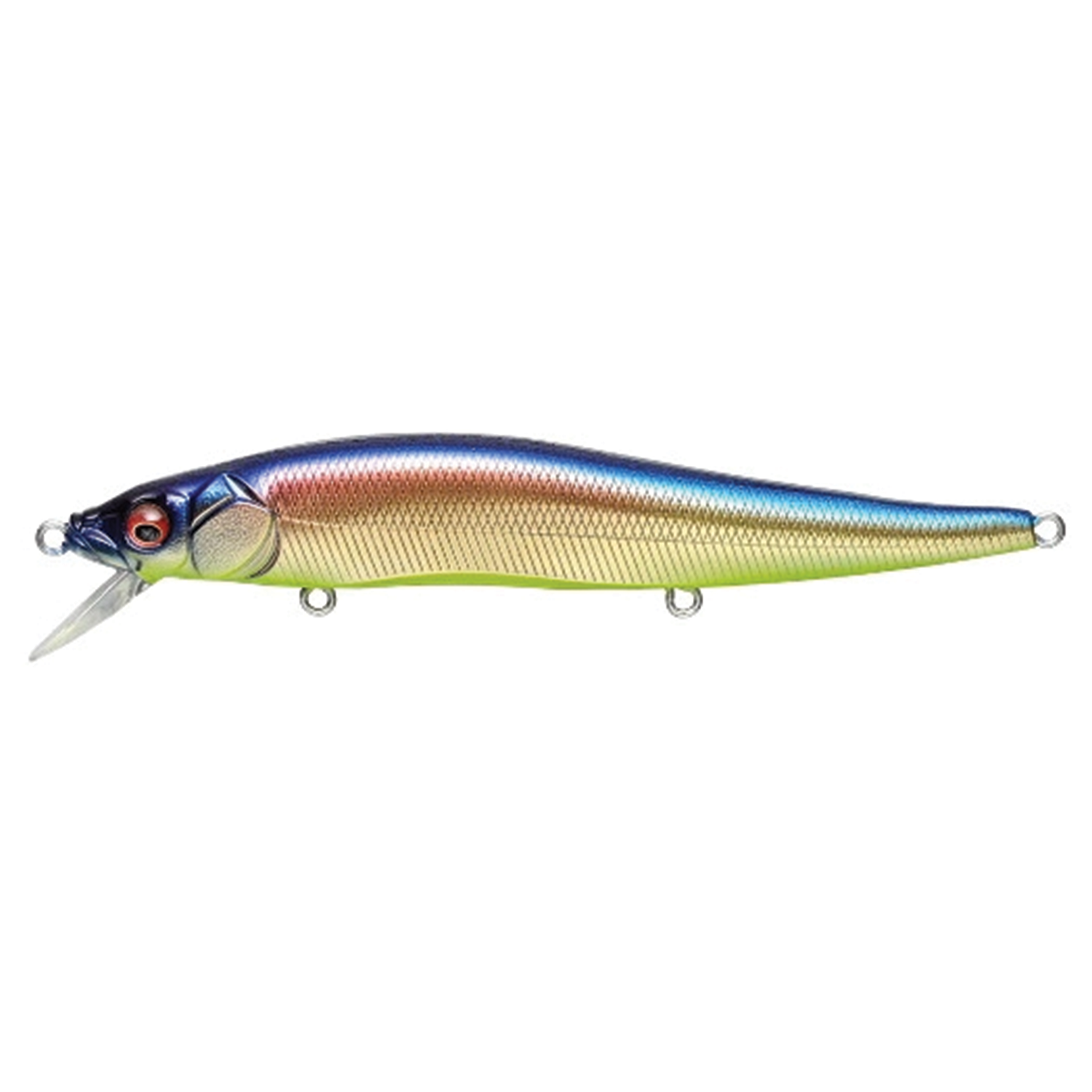 Megabass Vision 110 fishing lure with a sleek, elongated design featuring a metallic blue, gold, and orange gradient finish and realistic fish scale texture.