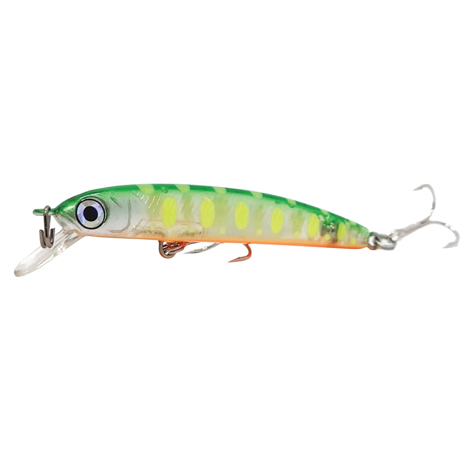 HMKL K-I Minnow 50 S Stream Ver. fishing lure in green and yellow with silver and orange accents, featuring two treble hooks and a clear plastic diving lip for fishing tackle enthusiasts.