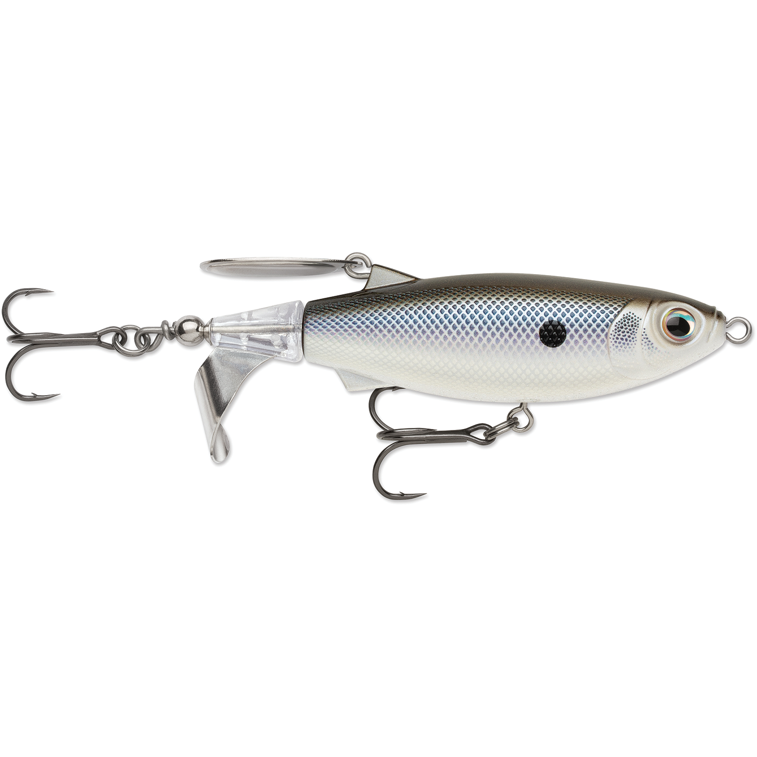 Rapala Claptail 110 fishing lure with a silver and gray fish scale pattern, featuring two treble hooks and a spoons blade for realistic movement in water.