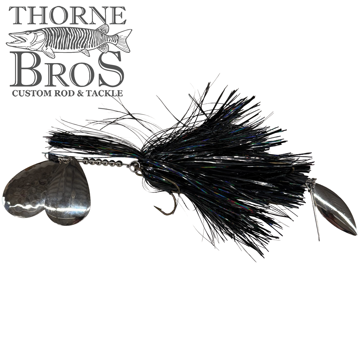 Hunsy Tails 9/10 Banger fishing lure featuring black synthetic fibers and dual silver spinner blades designed for musky fishing and effective in various freshwater conditions.