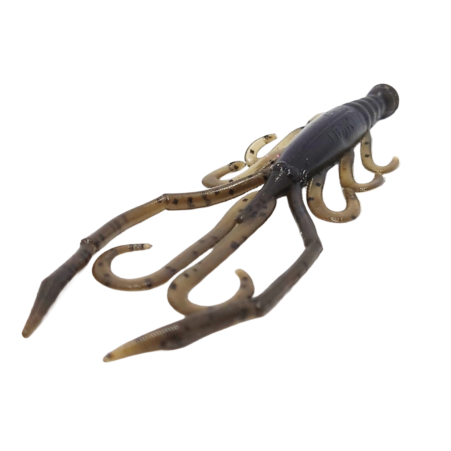 Soft plastic fishing lure resembling a dark brown and tan creature with multiple flexible legs and pincers, designed for musky fishing called HMKL Alive Tenaga (Tournament Pack).