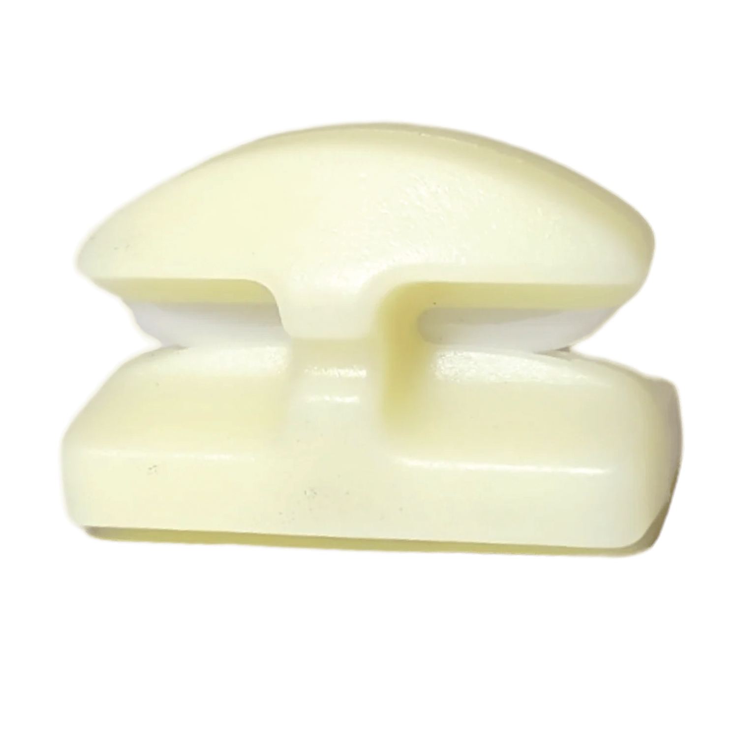 Small off-white plastic fishing line cutter tool with a ceramic blade, designed to mount flat on surfaces, called Line Cutterz Peel & Stick Flat Mount (Ceramic Blade).
