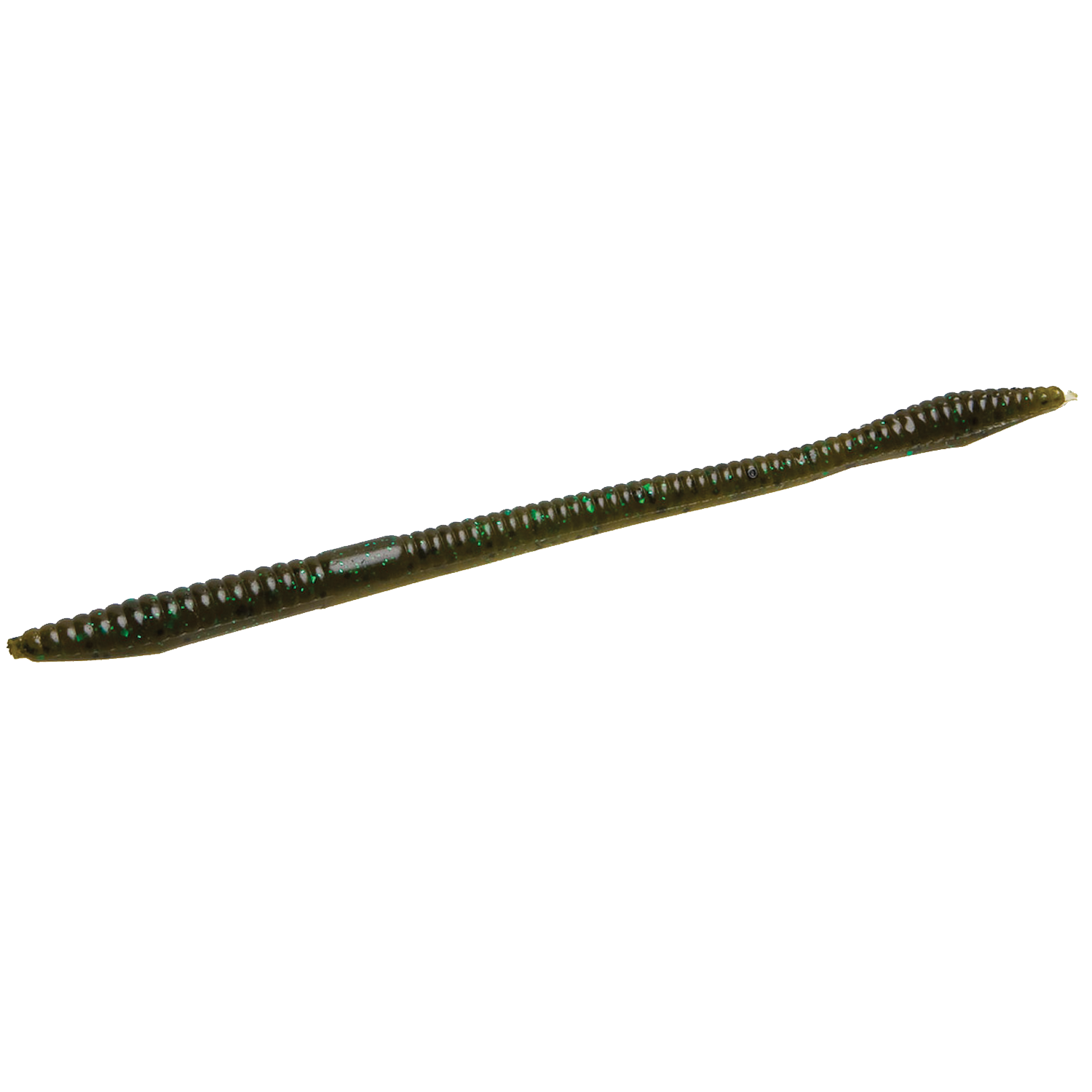 Zoom Bait Company Trick Worm fishing lure in dark green with blue flecks, soft plastic with ribbed texture designed for use with fishing tackle.