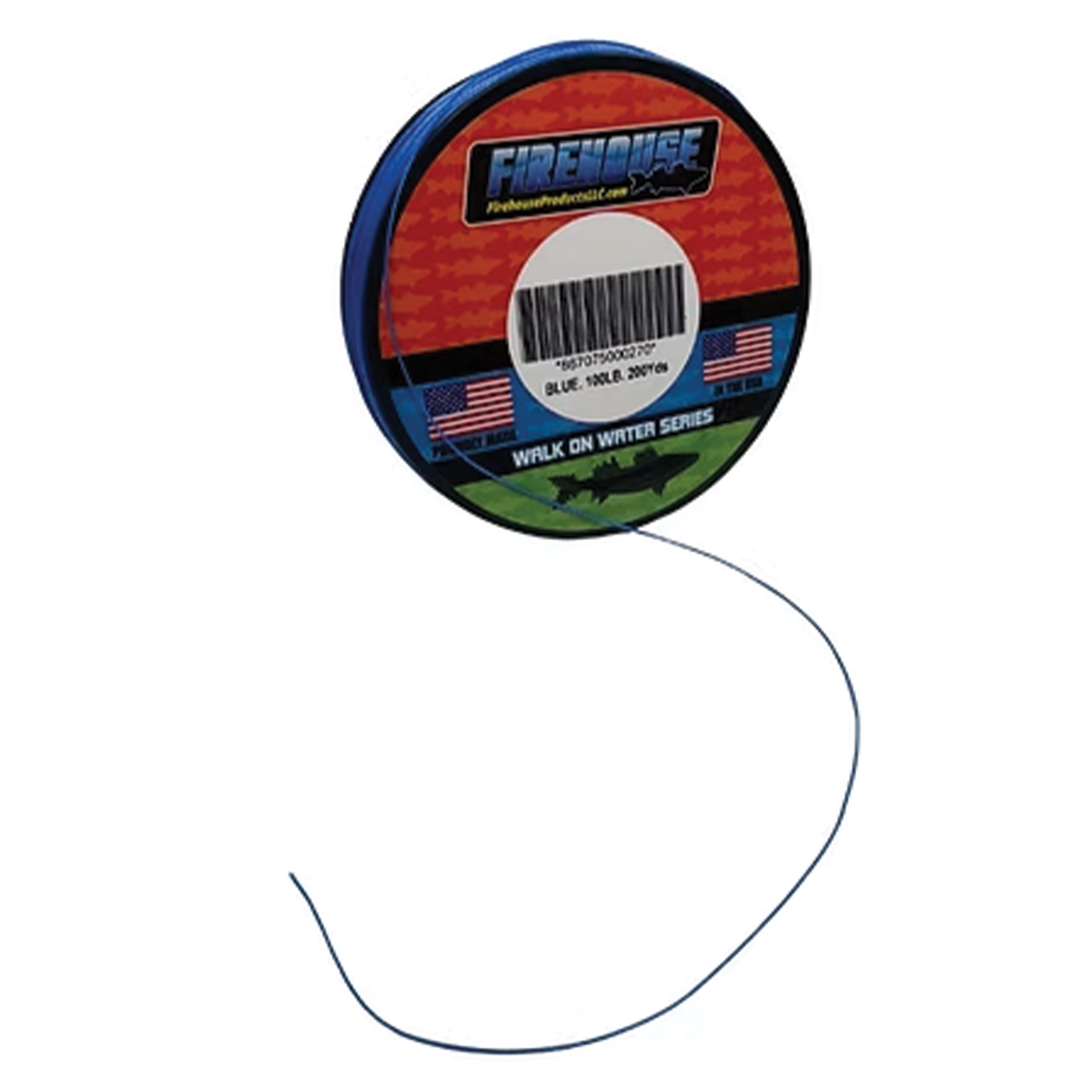 Firehouse Coated Tip-Up Line spool with blue coated fishing line extending outward for ice fishing and tip-up tackle applications