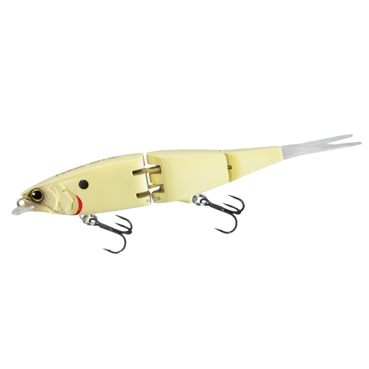 Yellow jointed fishing lure with two treble hooks and a clear plastic tail, shown on a white background, designed for use with Shimano Facer 85+SF.