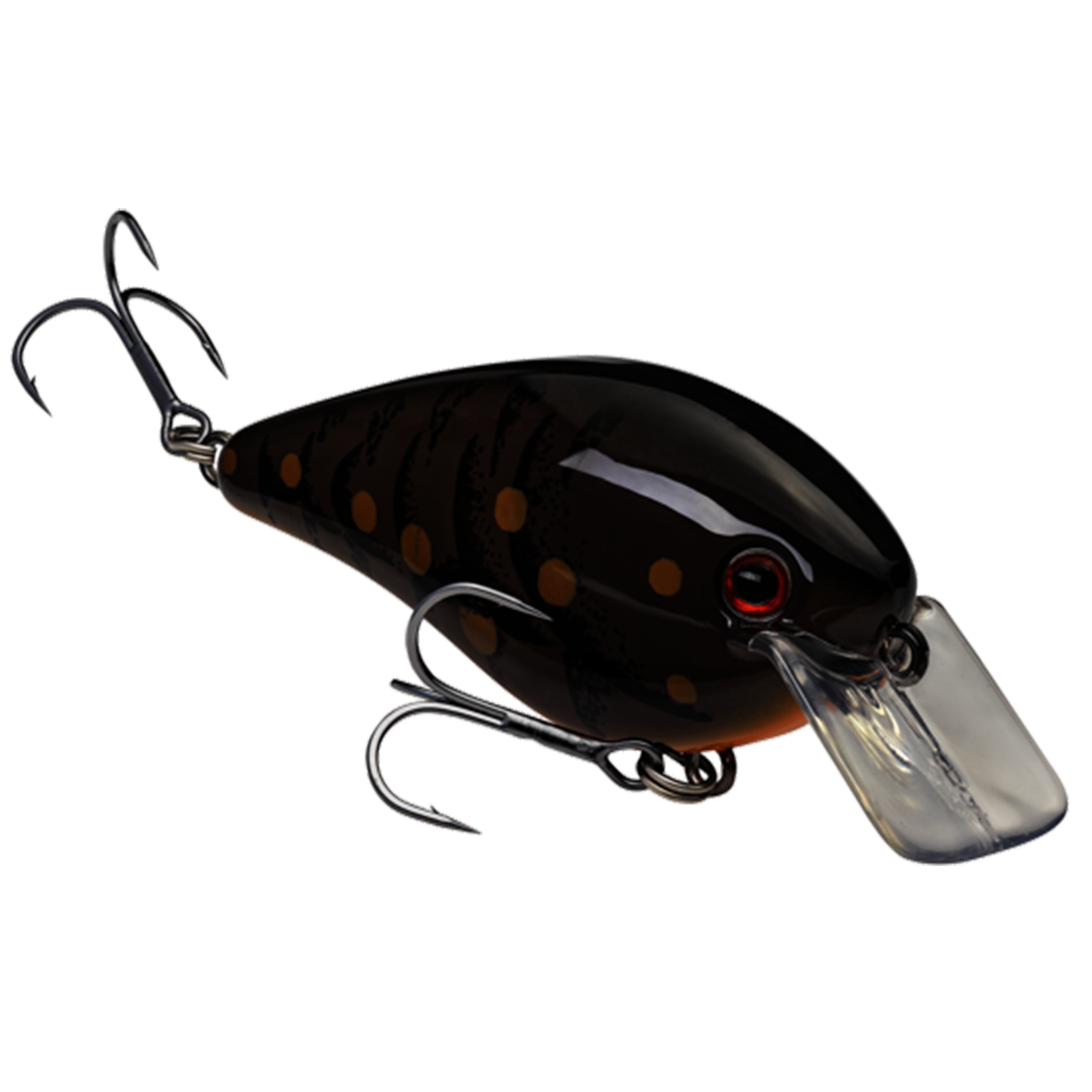 Strike King KVD Hard Knock fishing lure with black body, orange spots, red eyes, clear diving lip, and two treble hooks designed for musky and other freshwater fishing.