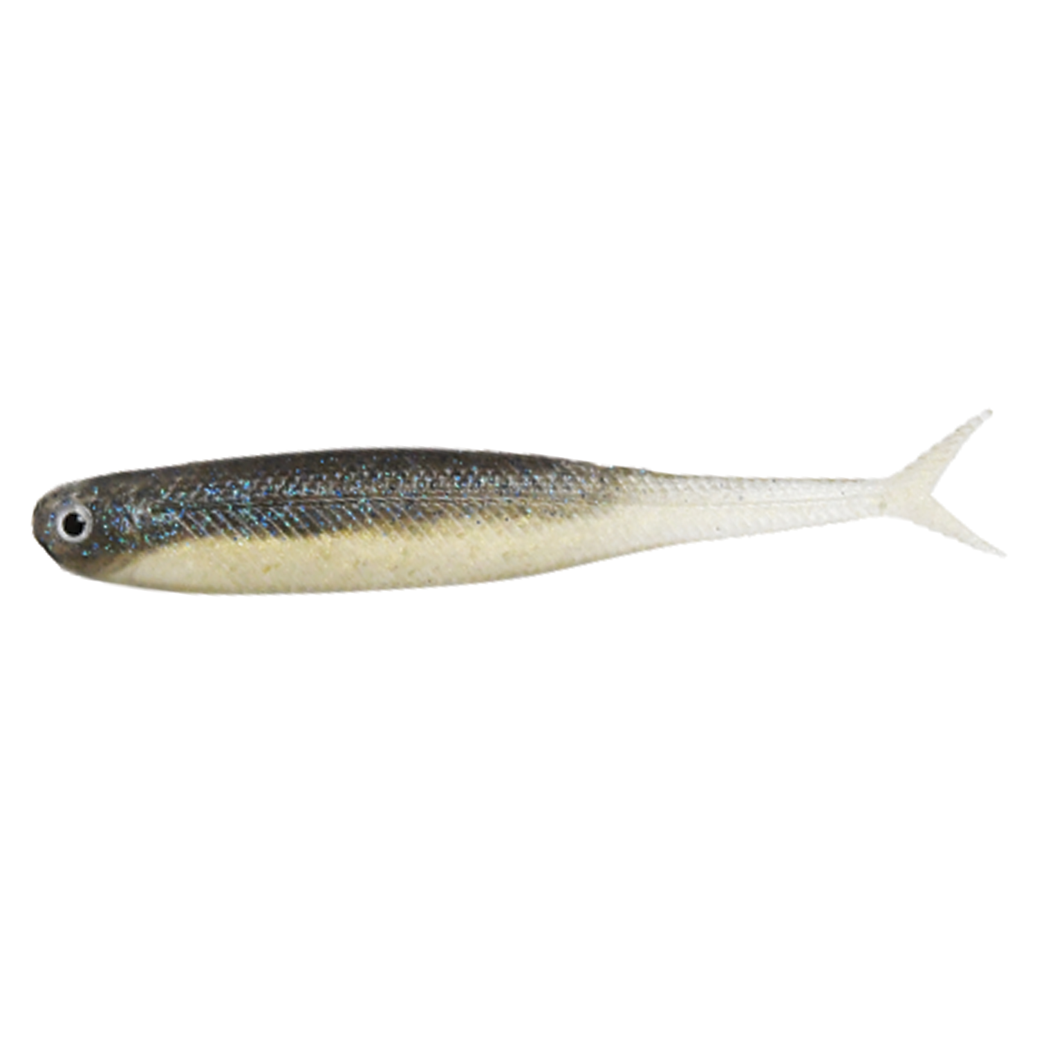 Dstyle Virola soft fishing lure with a slender body, gradient coloring from dark gray on top to pale cream on the bottom, and a forked tail for lifelike movement.