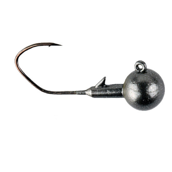 Close-up of a metallic fishing jig head with a sharp curved hook and round weighted black ball, designed for fishing tackle, identified as Yum FF Sonar Jig Head.