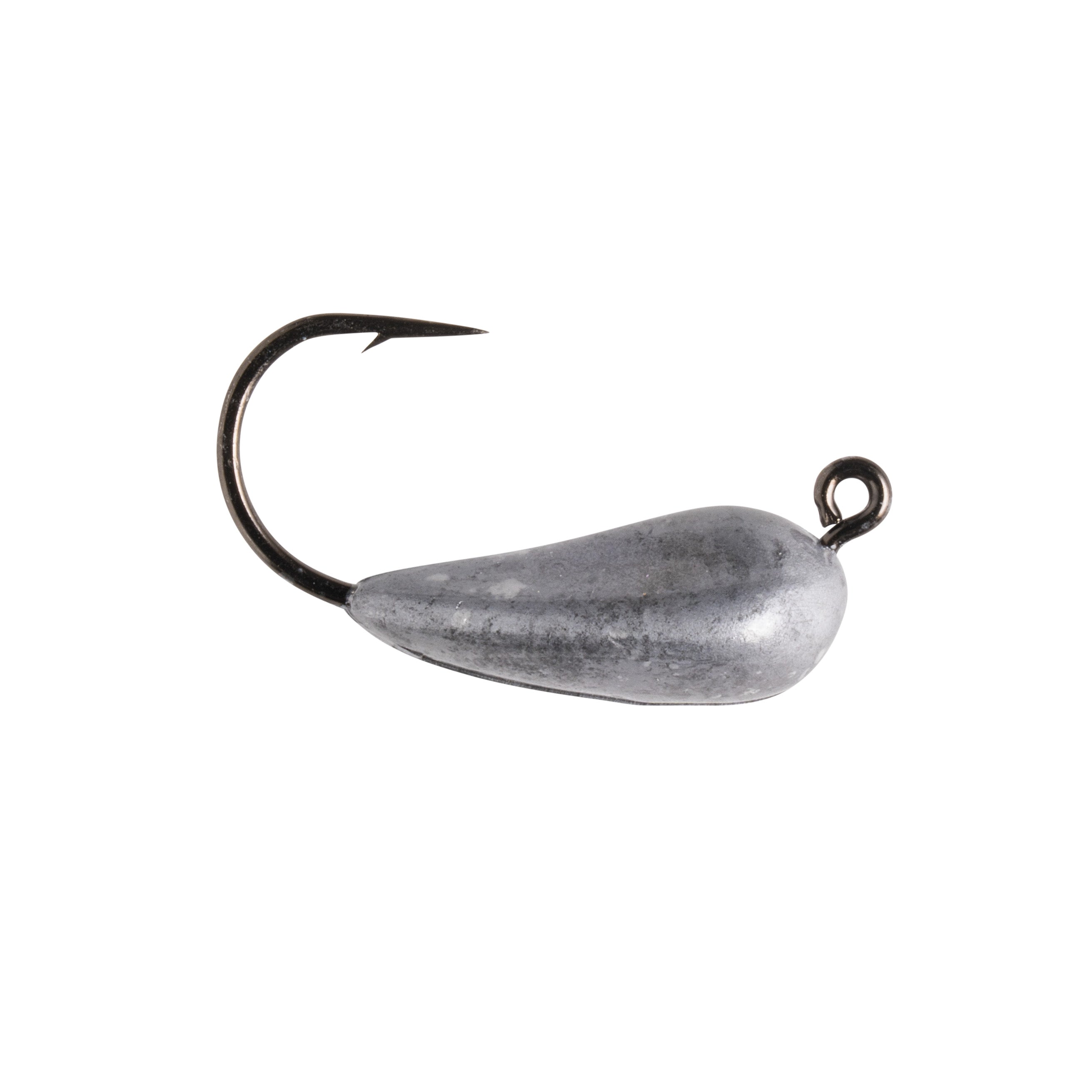 Close-up of a Great Lakes Finesse Micro Mini Tube Head fishing lure with a sharp black hook and smooth metallic lead-weighted body, designed for precise fishing tackle use.