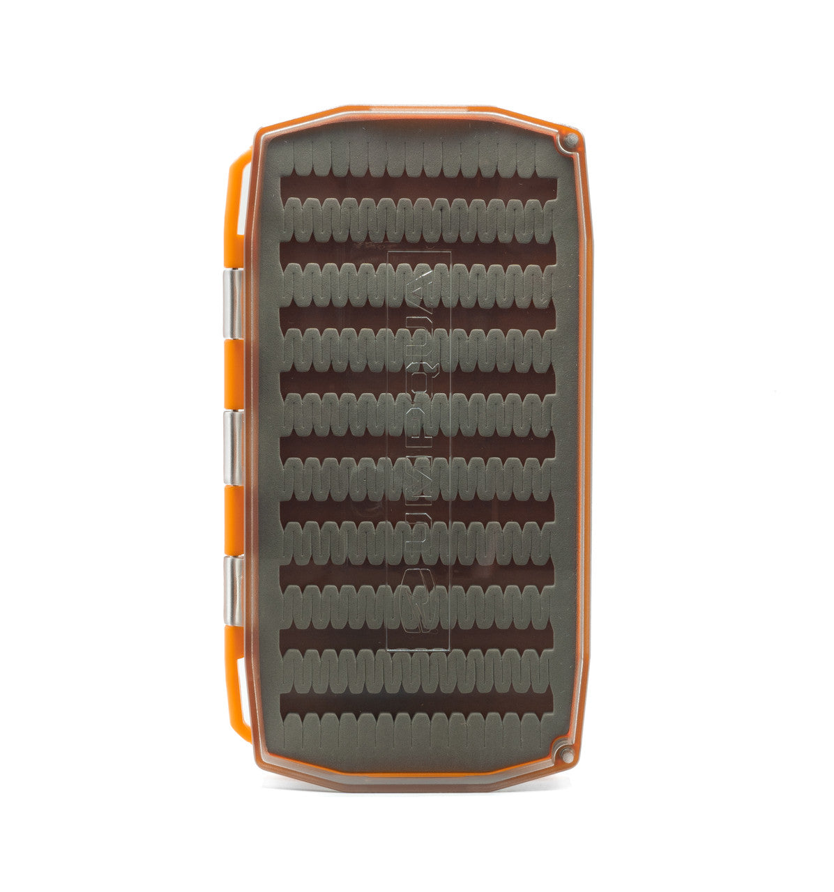 Umpqua Essential Foam Fly Box with orange hard case and gray foam interior designed to securely hold and organize fishing lures and flies for anglers.