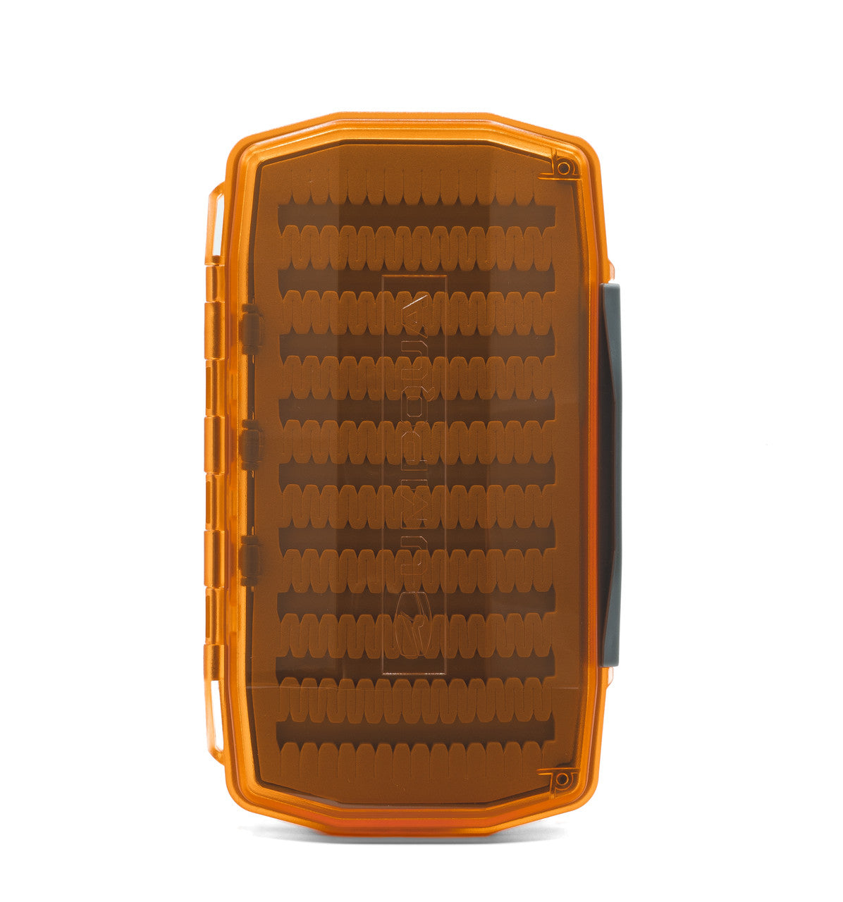 Umpqua Essential Foam Fly Box in amber color with a transparent lid and gray latch, designed to securely hold multiple fishing flies for organized tackle storage.
