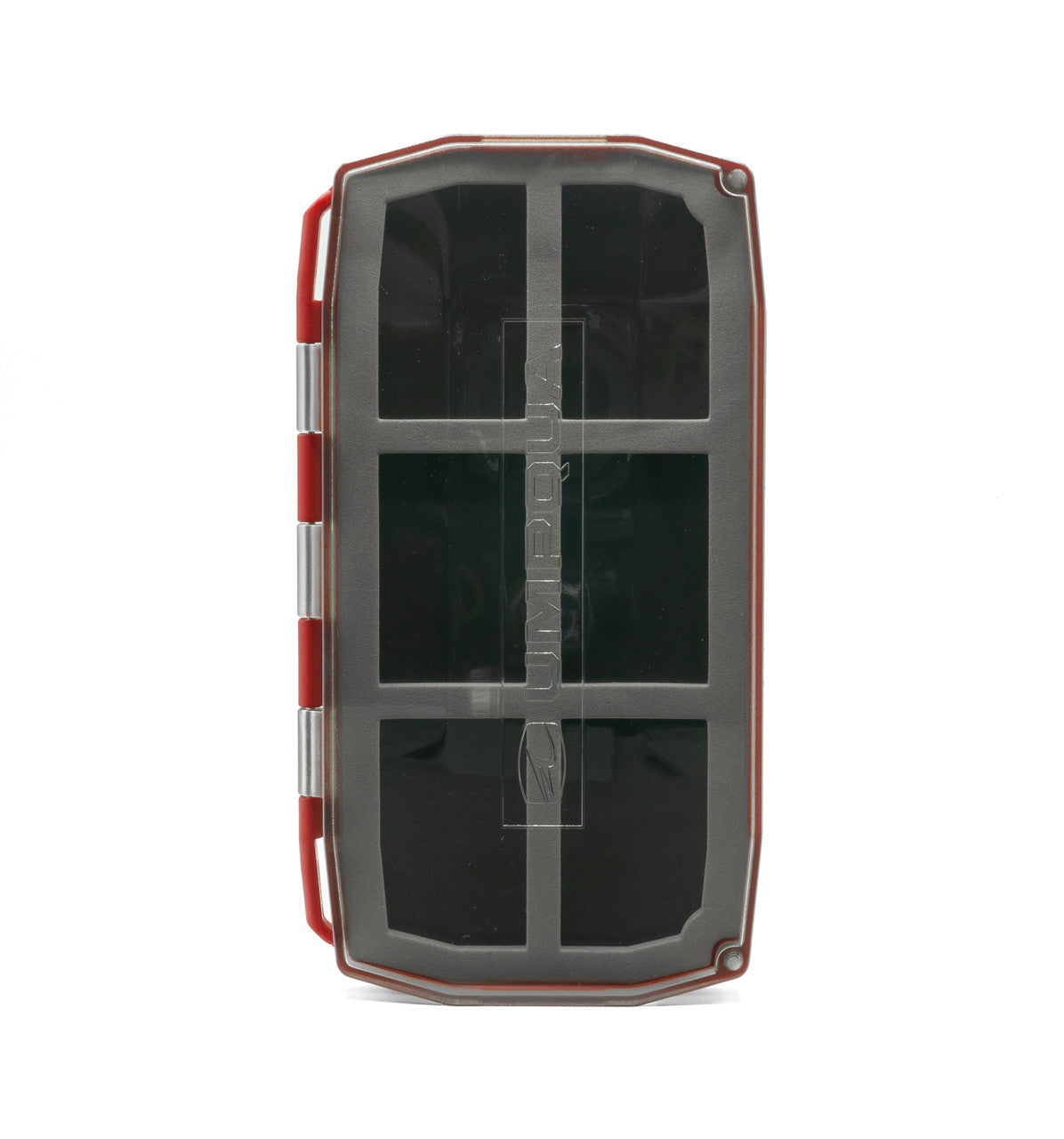 Umpqua Essential Foam Fly Box with a transparent gray lid, red edges, and multiple foam compartments designed for organizing fishing tackle and flies securely.