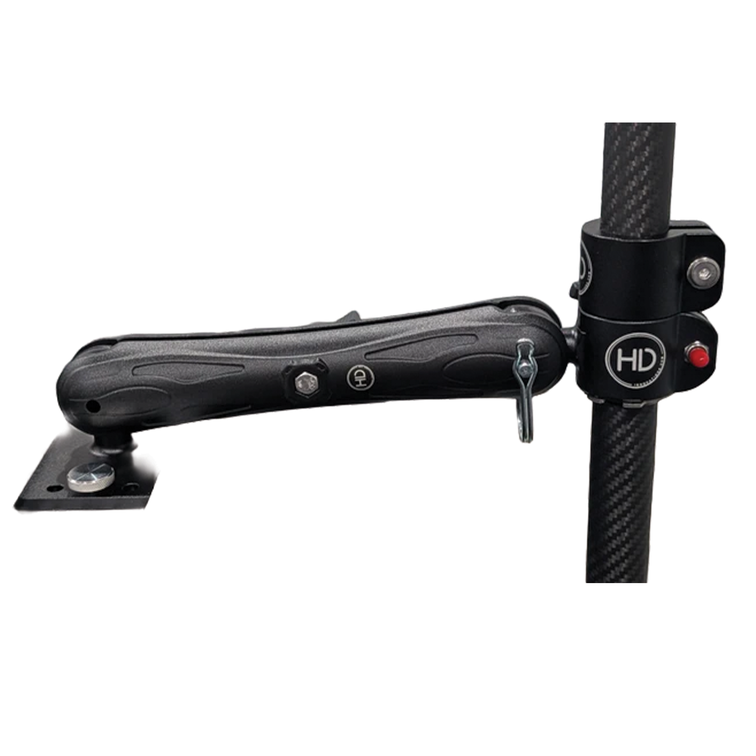 HD Innovations HD UMS Combo 9" Arm & Multi-Use Plate with black adjustable arm and mounting bracket attached to a carbon fiber pole, designed for versatile fishing tackle setups.