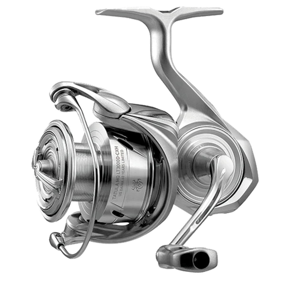 Daiwa Tatula MQLT - 60th Anniversary Limited Edition spinning fishing reel in polished silver finish, featuring ergonomic handle and precision spool for smooth performance.