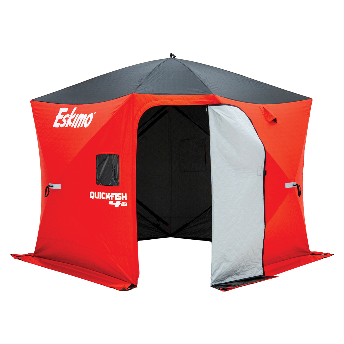 Eskimo Quickfish 4HD - Insulated red and black portable ice fishing shelter with insulated walls and an open door