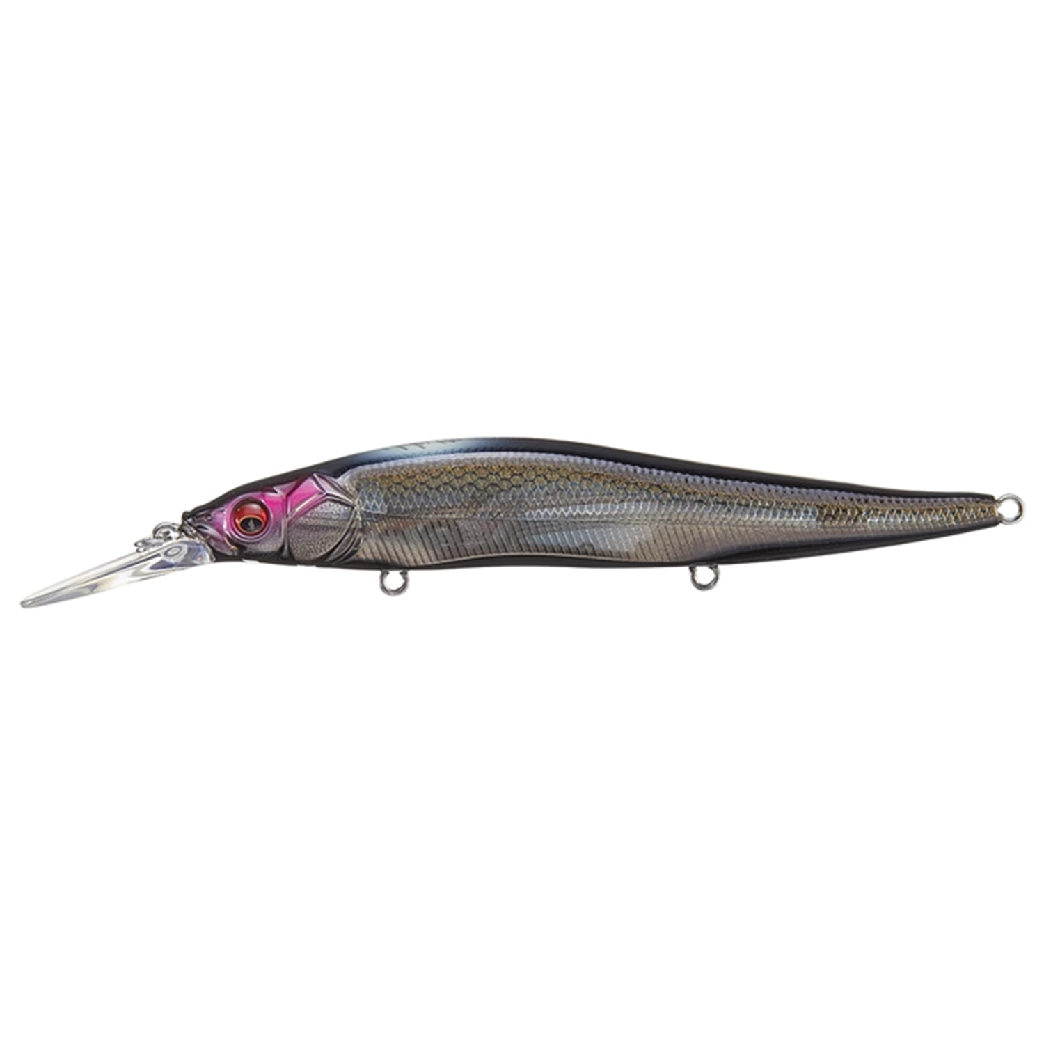 Megabass Vision 110+1 fishing lure in a realistic fish design with dark back, silver sides, and a long clear diving lip, ideal for musky fishing tackle.