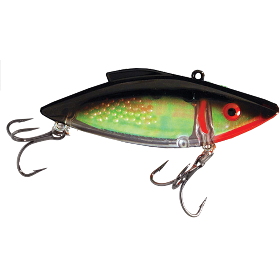 Bill Lewis Rat-L-Trap - Super Trap, a fishing lure with lifelike green and black body, red head detail, and two sharp treble hooks for effective fishing tackle use.