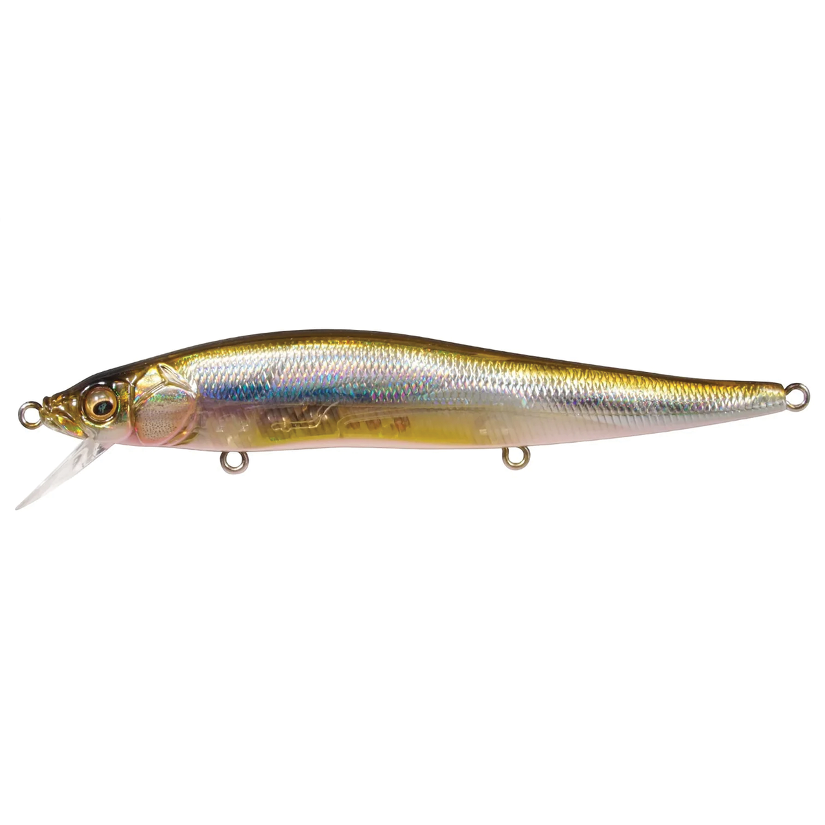 Megabass Vision 110 fishing lure with a silver blue and gold finish clear diving bill and lifelike minnow profile for targeted game fish presentation