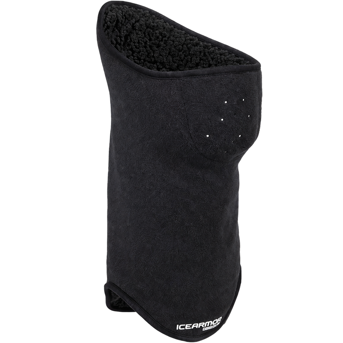 Clam Ice Armor Renegade Neck Gaiter in black, featuring soft fleece lining and breathable vent holes, designed for warmth and comfort during cold-weather fishing activities.