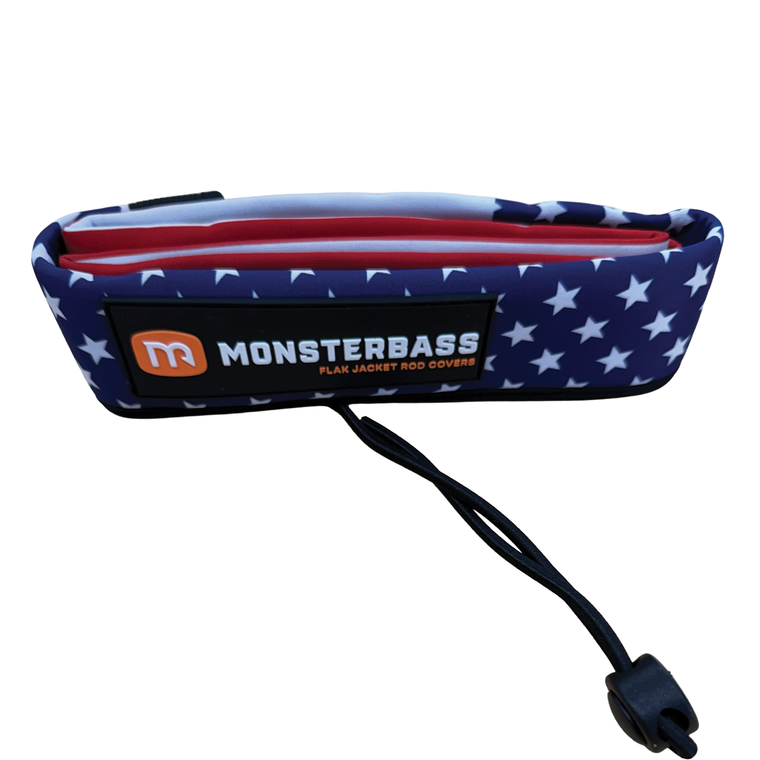 Monsterbass Flak Jacket Rod Covers - Casting showing a padded rod cover with a blue background and white star pattern, featuring a secure adjustable cord for protecting fishing rods.