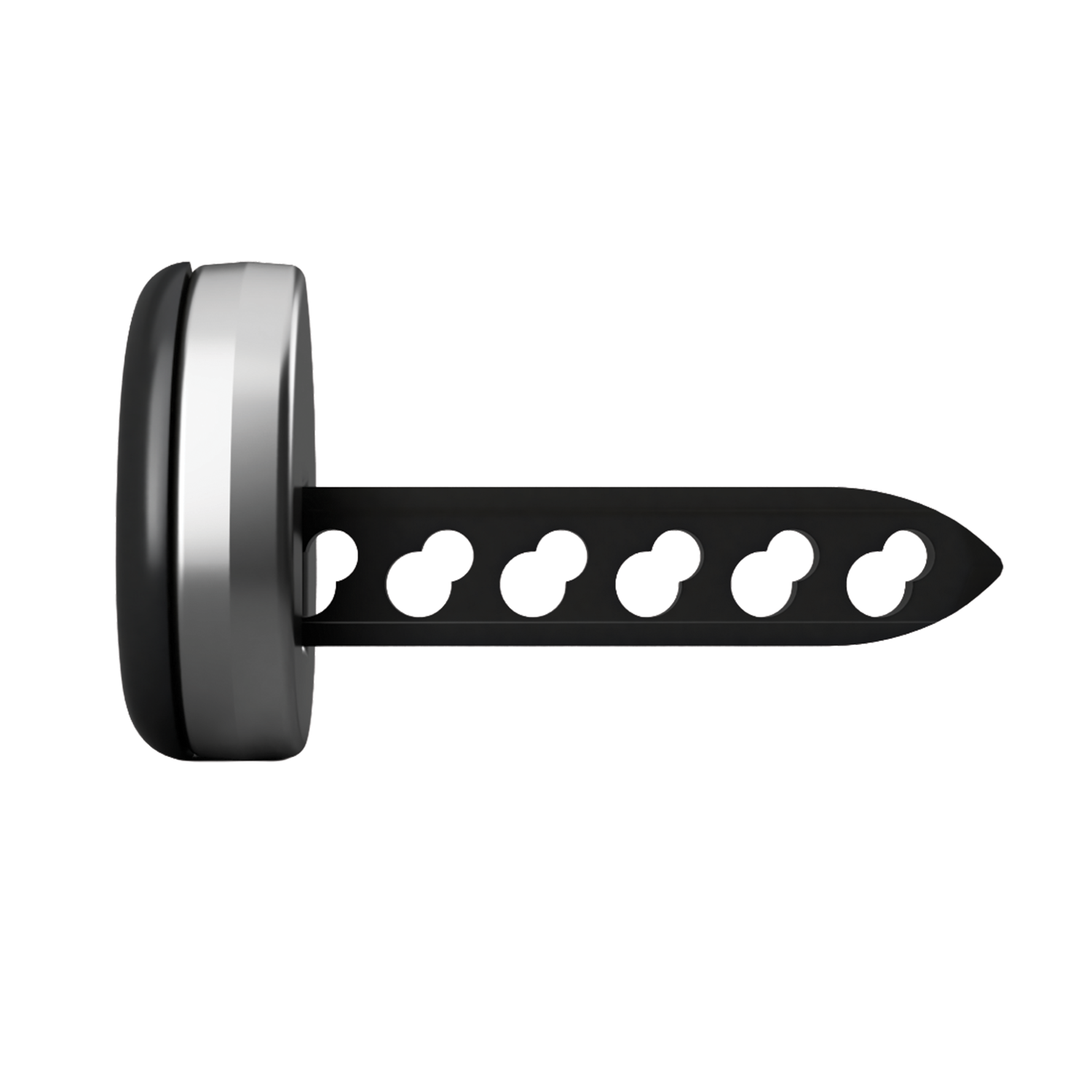 Side view of the Super Baitlock, a black and silver adjustable fishing tackle accessory designed to securely hold fishing lures or equipment in place.