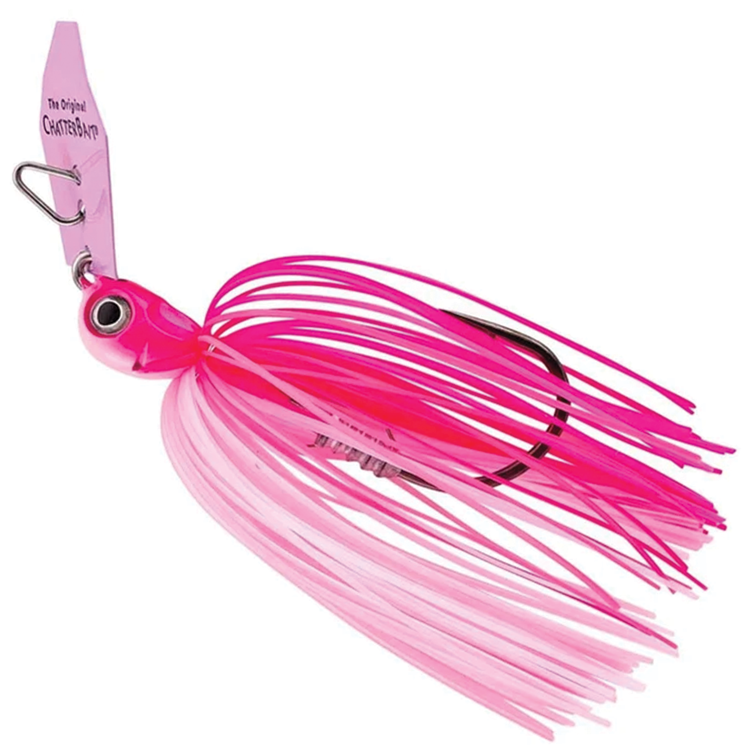 Z-Man Chatterbait Elite Evo fishing lure in bright pink with silicone skirt and metal blade designed for freshwater fishing tackle.