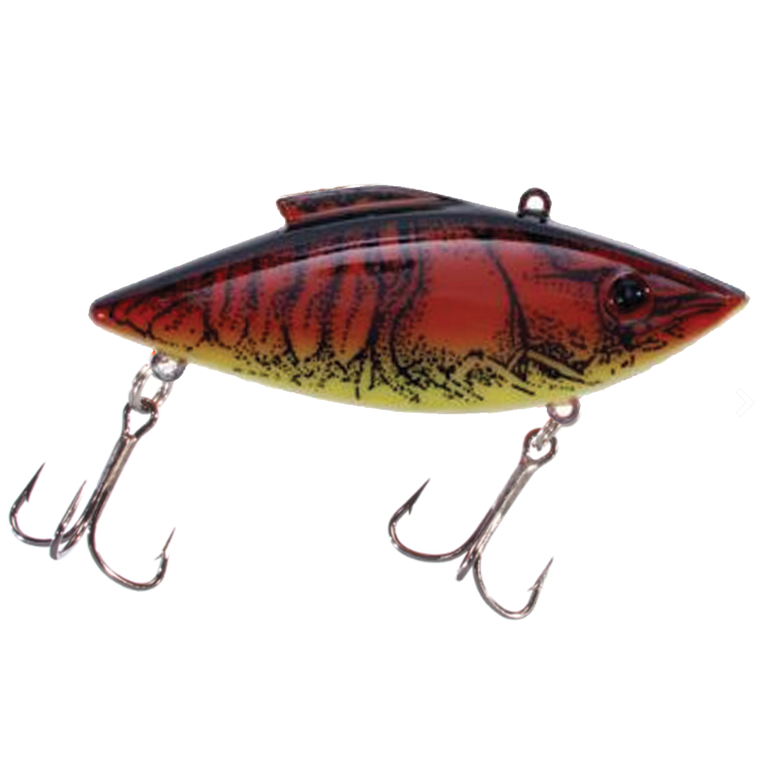Bill Lewis Rat-L-Trap - Standard fishing lure in red and yellow with black stripes, featuring two treble hooks designed for effective fishing tackle use.