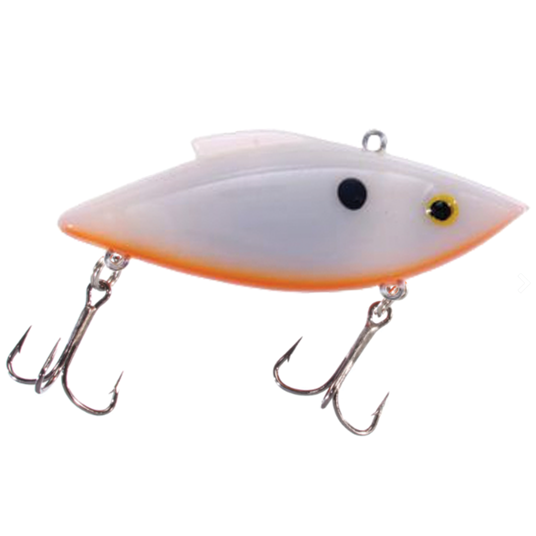 Bill Lewis Rat-L-Trap - Standard fishing lure in white with orange underside, featuring two treble hooks and a streamlined body designed for effective fishing tackle use.