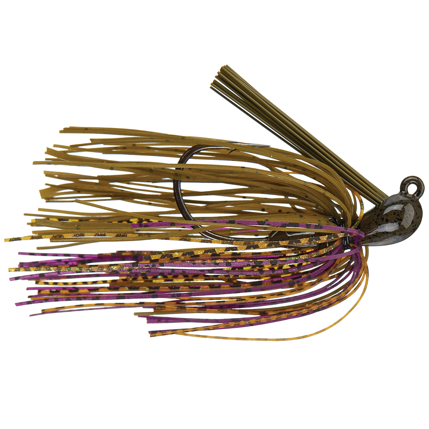 Greenfish Cobb's All Purpose Jig fishing lure featuring a weed guard, dual-tone skirt in brown and purple with flecks, designed for effective freshwater fishing tackle.