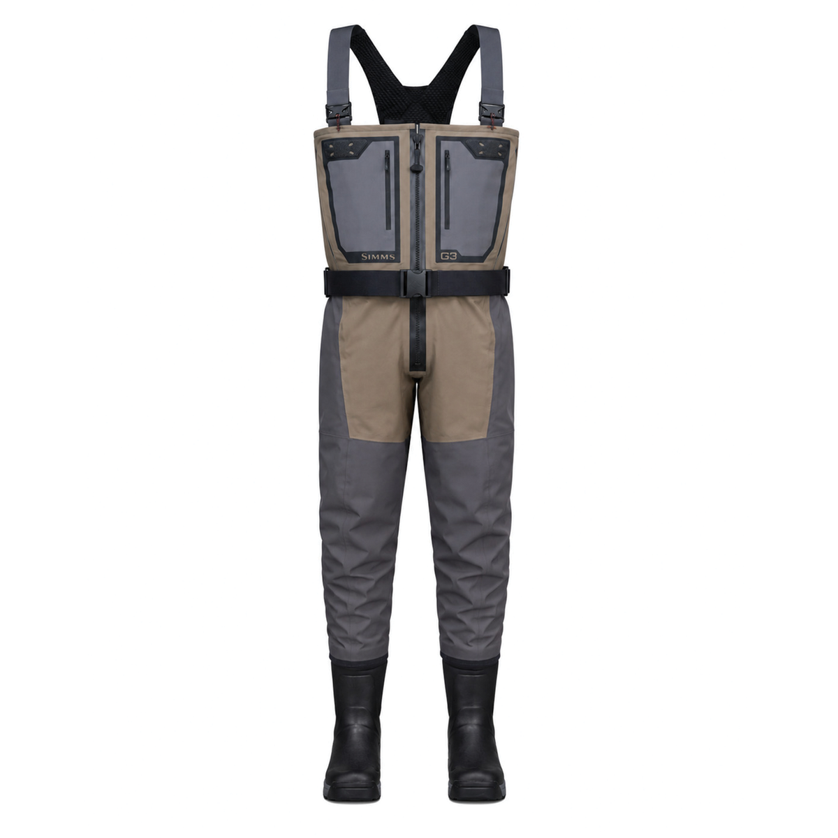 Simms G3Z Pro Bootfoot (Rubber) Waders - Men's shown in gray and tan with suspenders chest pockets adjustable belt and attached black rubber boots