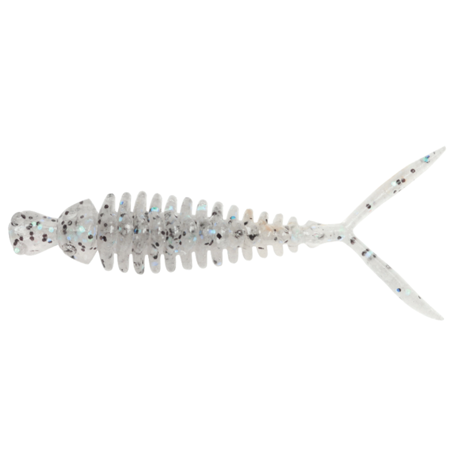 Issei Hanhan Trailer soft plastic fishing lure in translucent white with black and blue speckles, featuring a ribbed body and forked tail designed for lifelike movement in water.