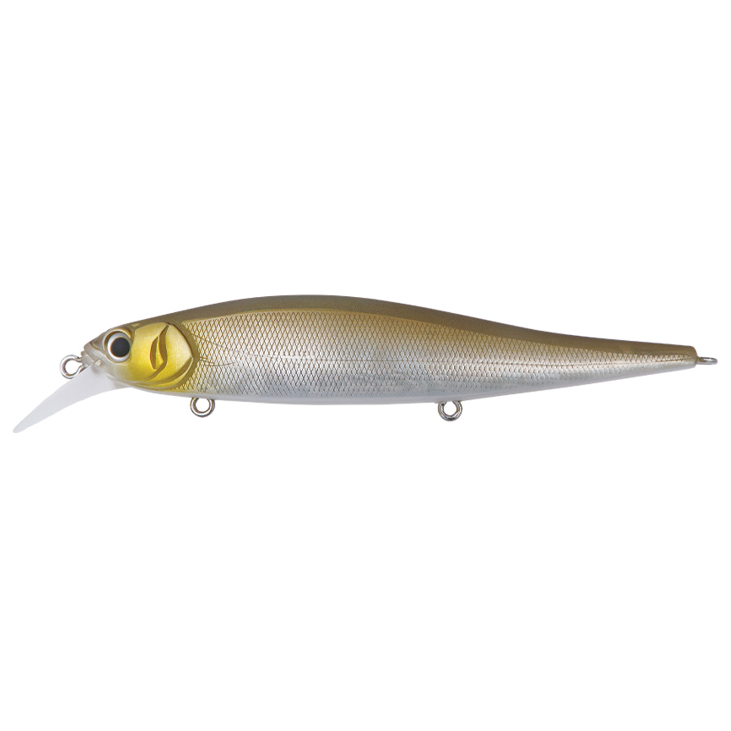 BottomUp Flanjer fishing lure in a silver and olive green finish with detailed scale texture, featuring a diving lip and multiple attachment points for fishing tackle use.