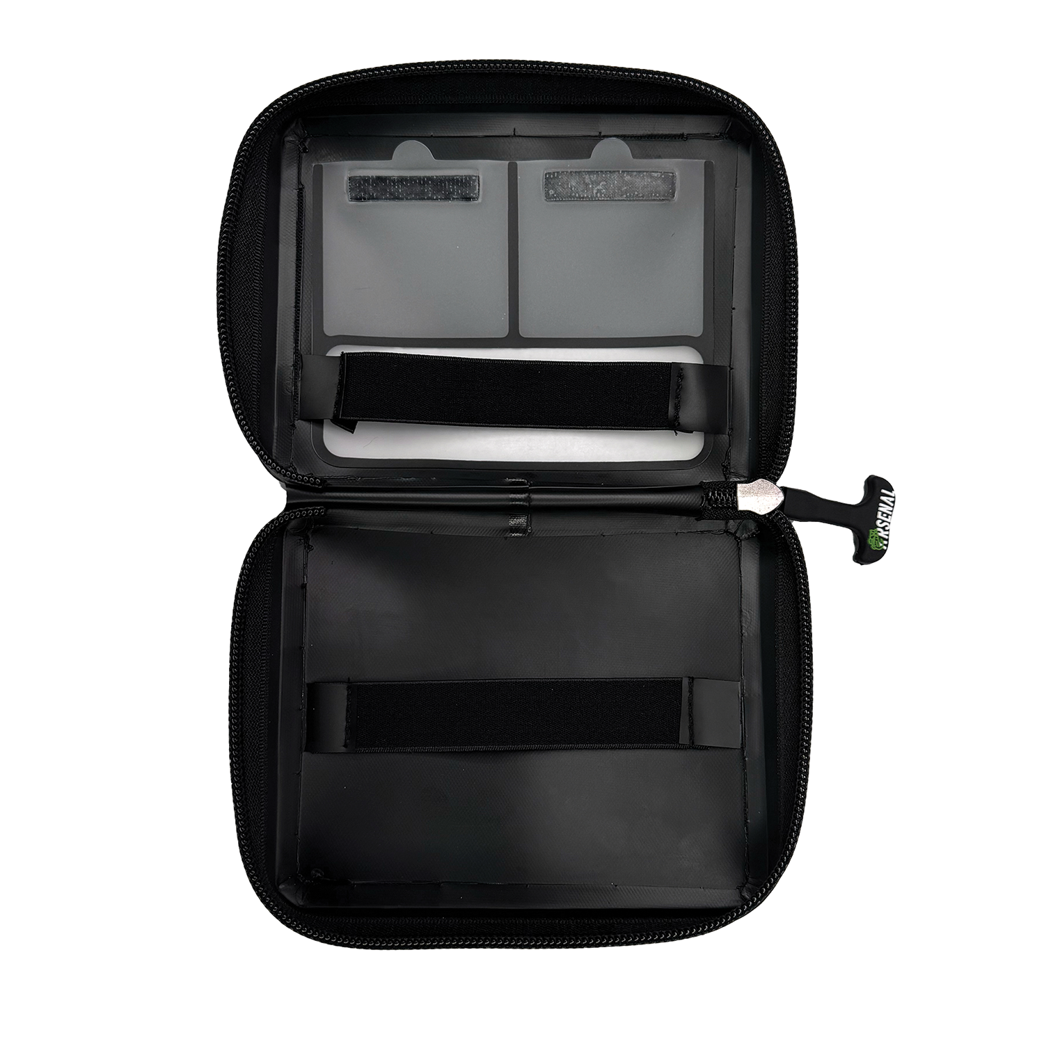 Black travel case with open lid on a white background