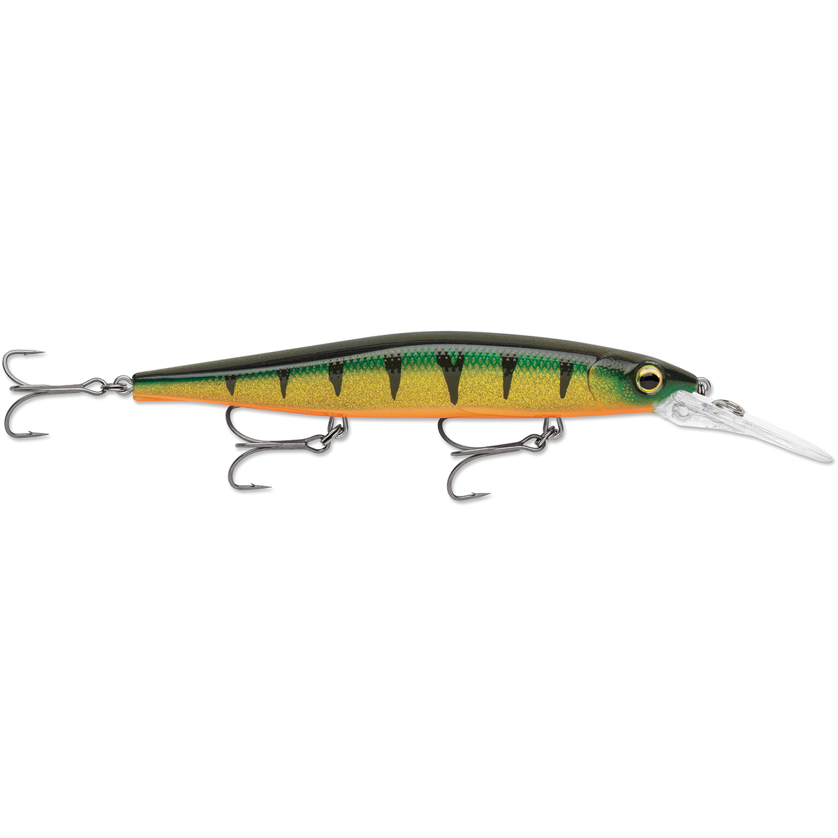 Rapala Precision Xtreme Mavrik Deep 110 fishing lure with perch pattern body clear diving lip and three treble hooks on a white background