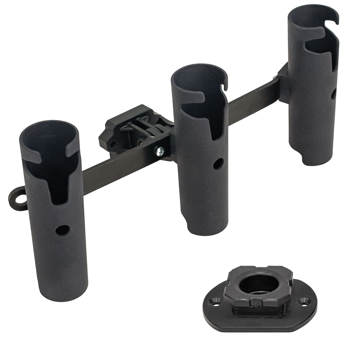 Eskimo E-Hub Triple Rod Holder featuring three black tubular rod holders attached to a horizontal mount bar with a separate square mounting base, designed for secure storage of fishing rods.