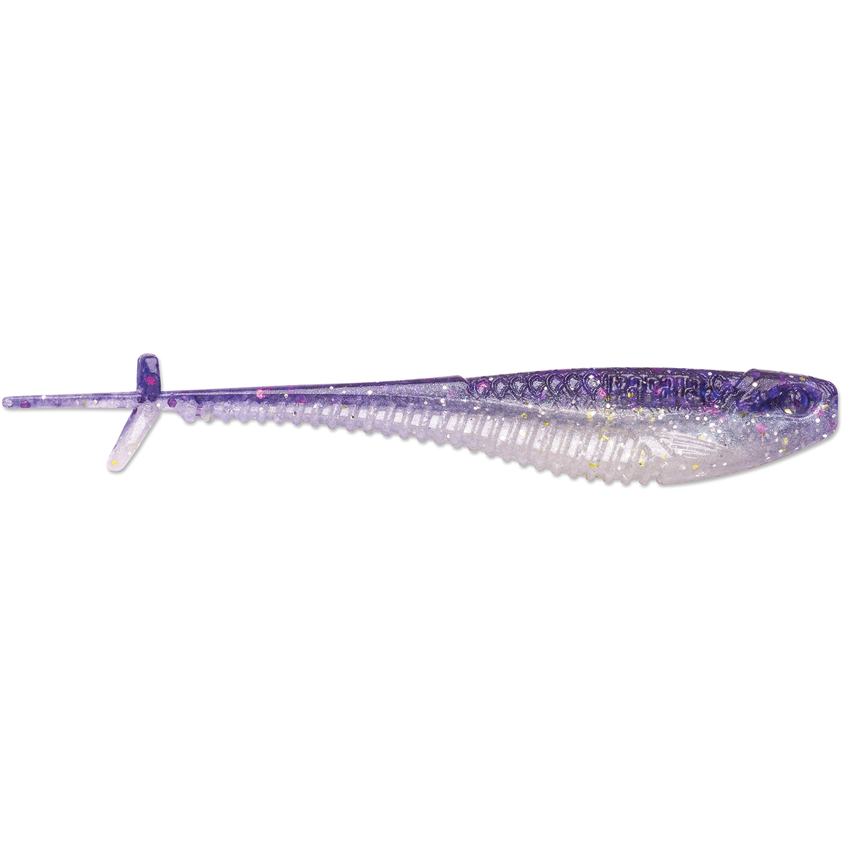 Rapala CrushCity Mooch Minnow soft plastic fishing lure with a translucent pearl body purple glitter and paddle tail for musky fishing tackle