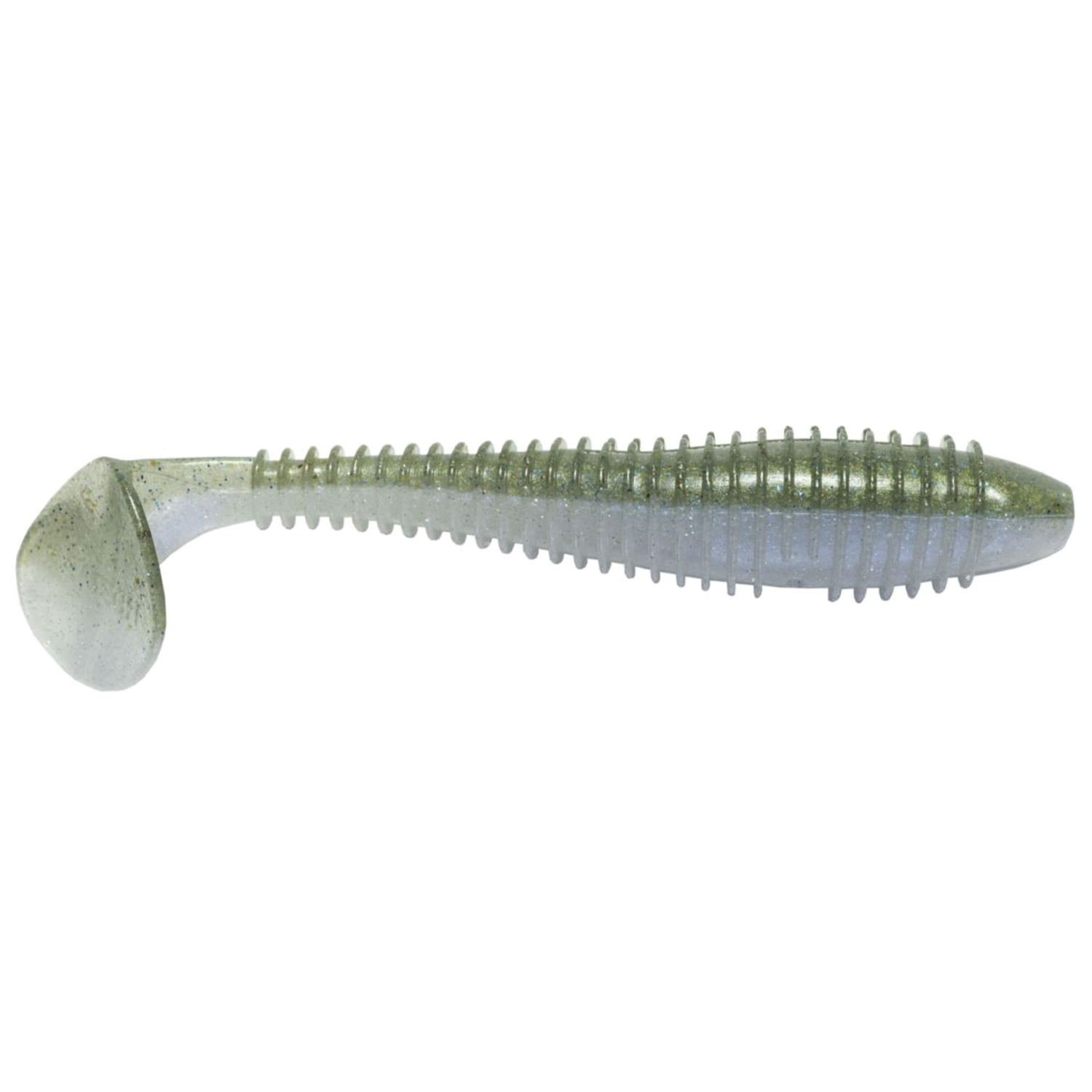 Keitech Fat Swing Impact 3.3" fishing lure in translucent green and silver colors with ribbed body and paddle tail designed for lifelike swimming action in fishing tackle.