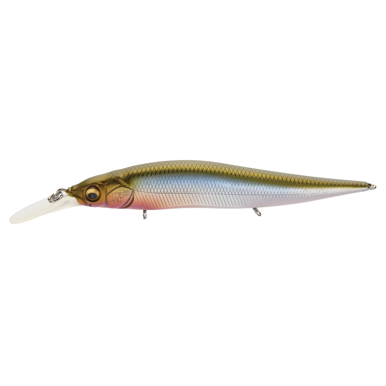 Megabass Vision 110+1 Jr., a detailed fishing lure with a slim, elongated body featuring a gradient color pattern of olive green, blue, pink, and silver, designed for freshwater fishing tackle.