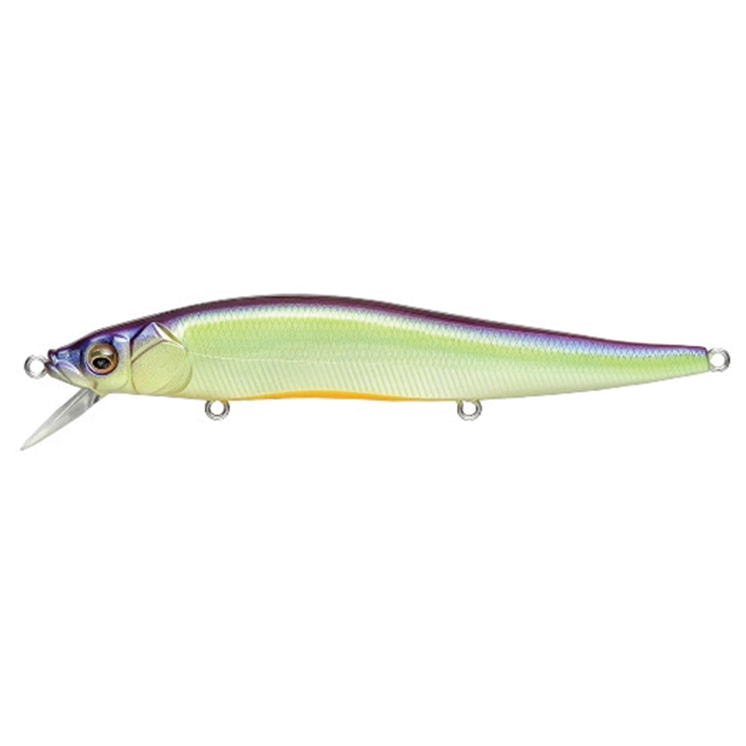 Megabass Vision 110 fishing lure with a streamlined body, realistic fish scale pattern, and color gradient from blue on top to greenish-yellow on the sides, designed for effective water movement.