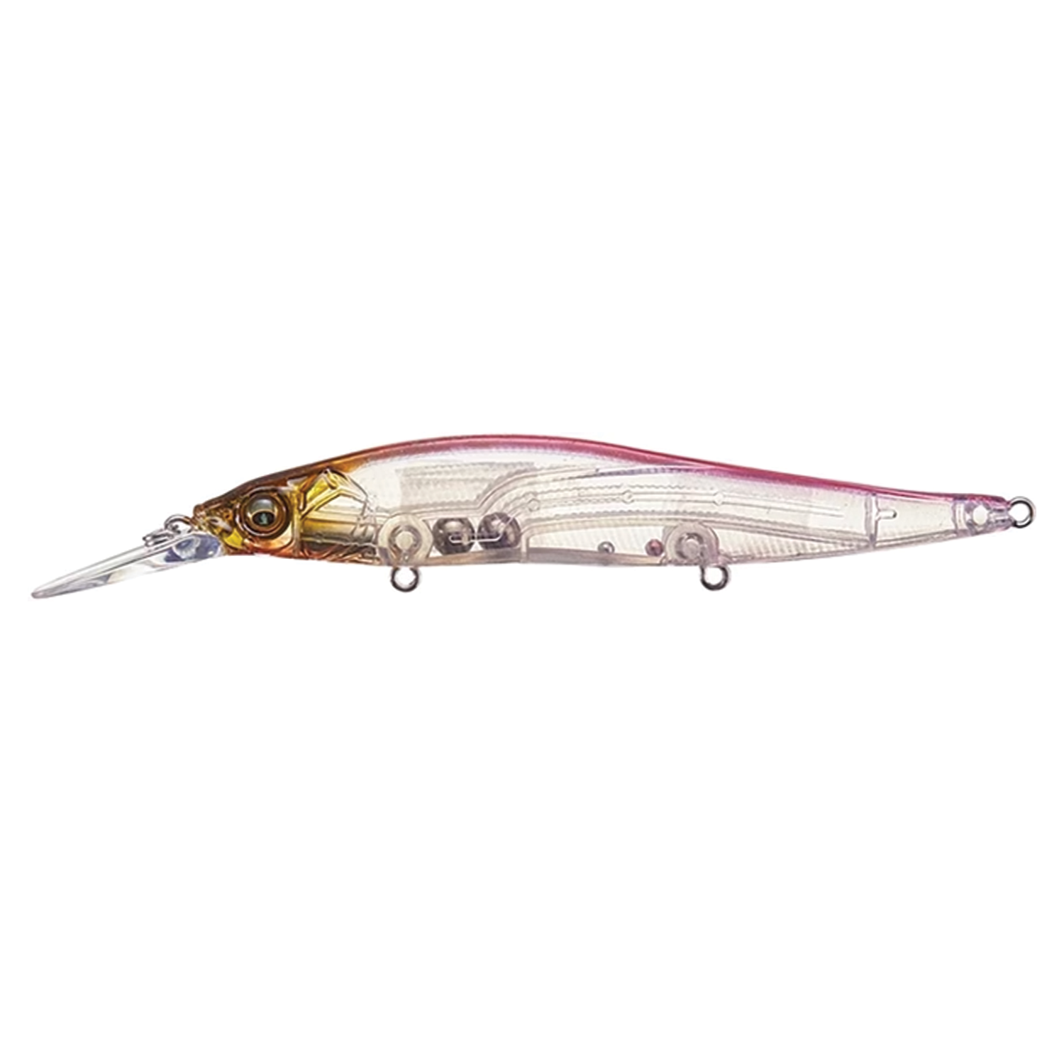 Megabass Vision 110+1 Jr. fishing lure in translucent design with a pinkish hue on top, detailed internal components visible, and a clear diving lip.