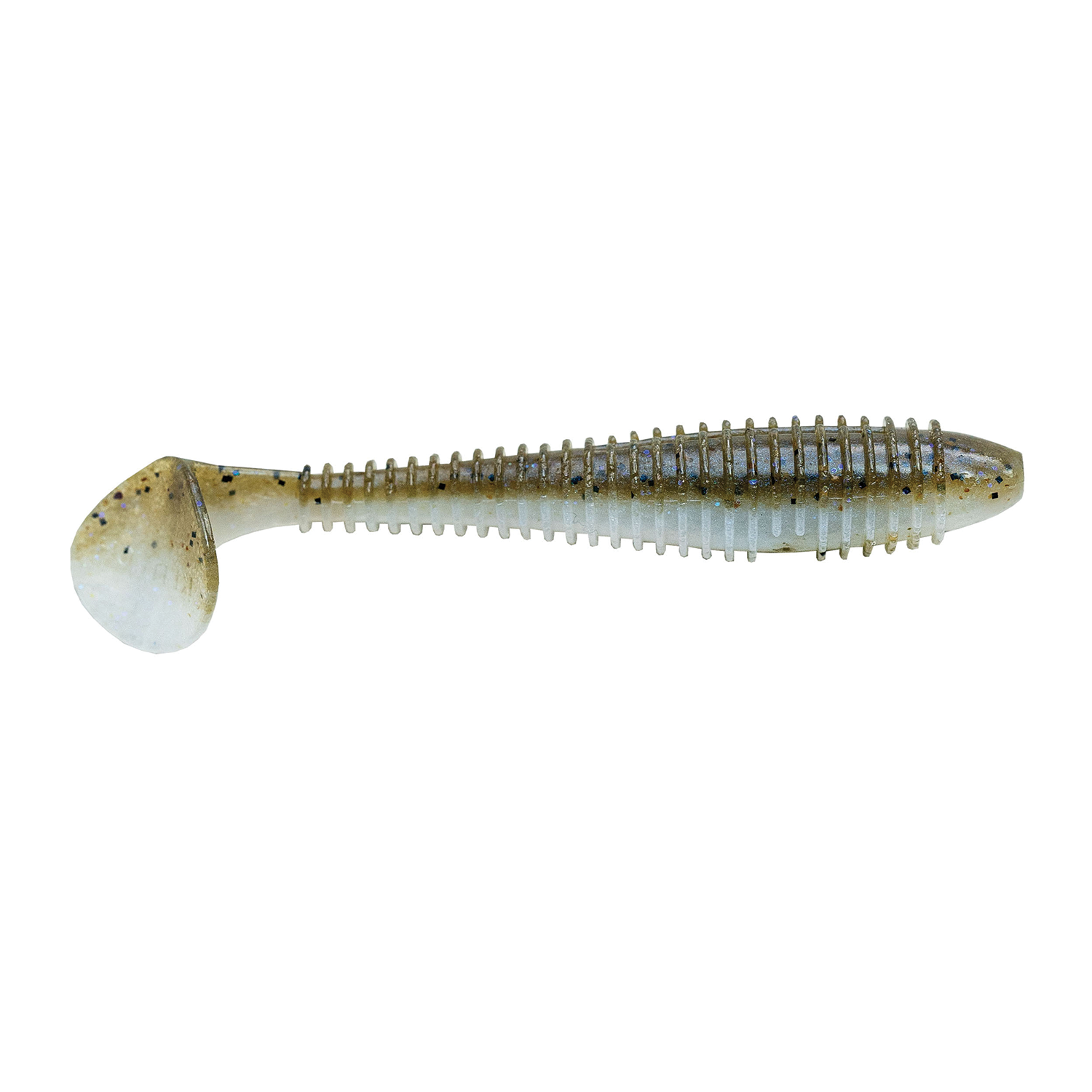 Keitech Fat Swing Impact 3.8" soft plastic fishing lure in translucent green with ribbed body and paddle tail designed for realistic swimming action in fishing tackle.