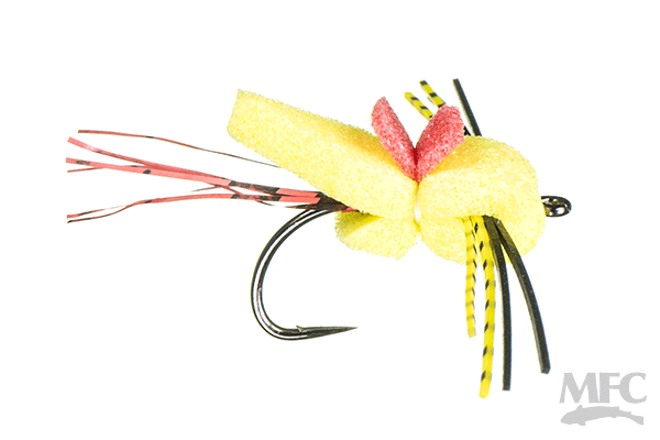 Maddin's Gill Scorpion #10 fishing lure with bright yellow foam body, red accent wings, black and yellow striped legs, and pink rubber tail strands designed for musky fishing.
