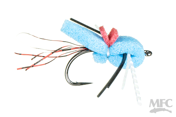 Maddin's Gill Scorpion #10 fishing lure with blue foam body, red and black rubber accents, and multiple striped rubber legs designed for fly fishing tackle.