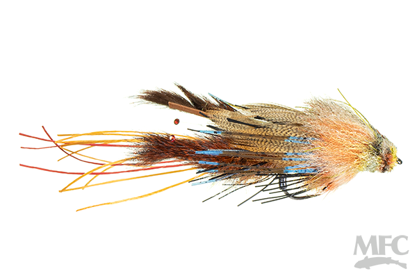 Hughes' Fleein' Cray fishing lure with detailed feathers and vibrant orange and brown accents, designed for musky fishing and available at a premier Midwest fishing tackle shop.