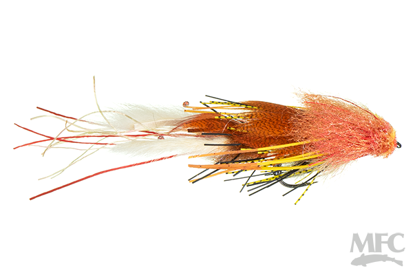 Hughes' Fleein' Cray fishing lure in orange and white hues with a textured body and multiple hook points, designed for effective musky fishing tackle.
