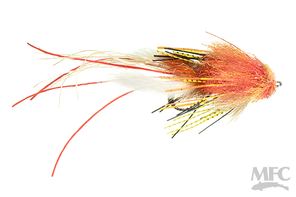 Hughes' Mini Fleein' Cray fishing lure in orange, yellow, and white with synthetic fibers and rubber strands designed to imitate a crayfish for fly fishing.