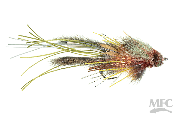 Hughes' Mini Fleein' Cray fishing lure with detailed synthetic fibers in natural crayfish colors, designed for musky and fly fishing tackle.