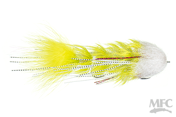 Schultzy's OG Leggy Boi Changer fishing lure with bright yellow feathers, synthetic fibers, and striped accents designed for musky fishing in a premier Midwest tackle shop.