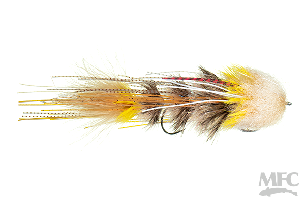 Schultzy's OG Leggy Boi Changer fishing lure featuring layered natural feathers in tan, yellow, and brown tones with a realistic profile designed for musky fishing tackle.